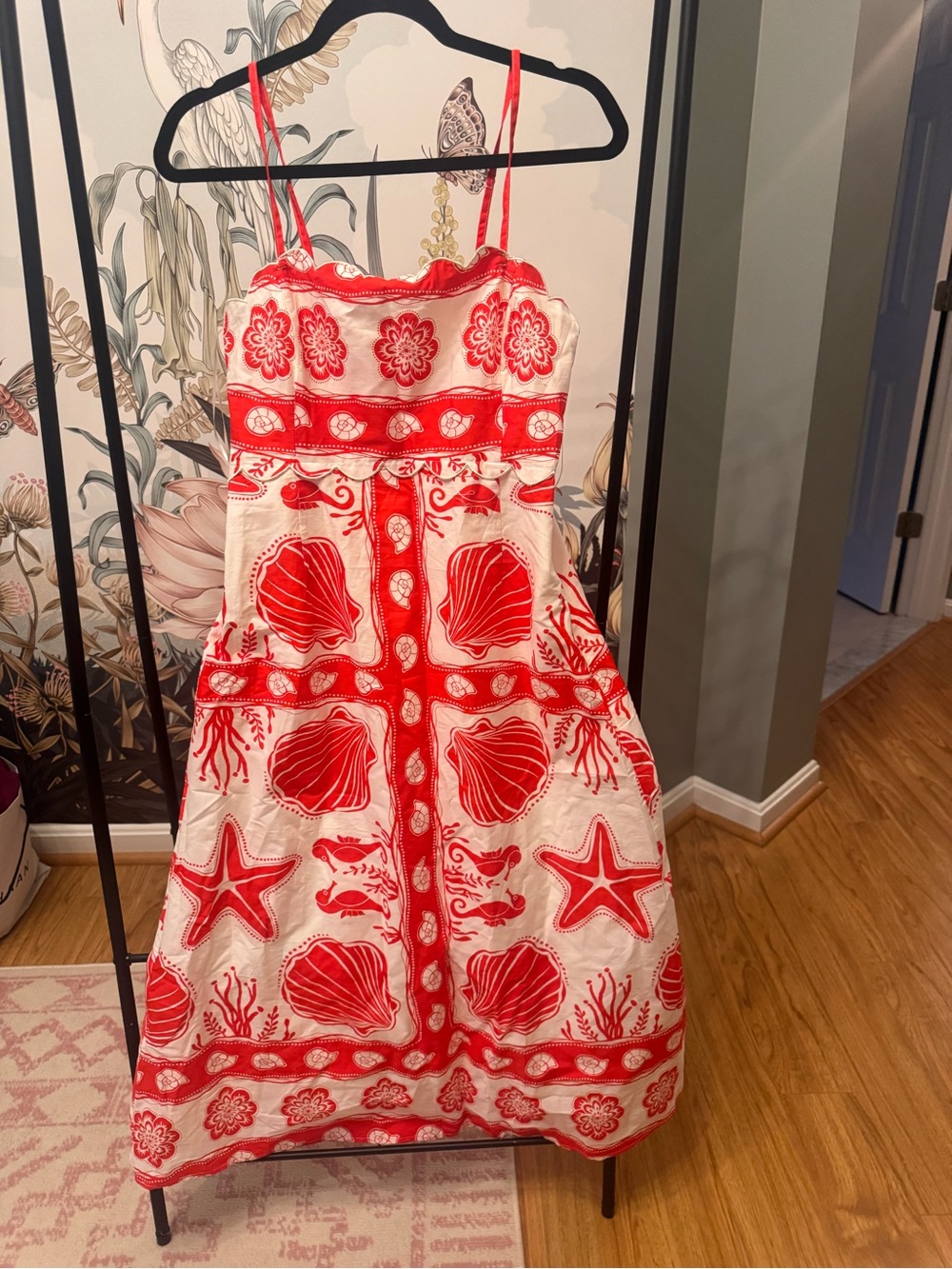 Moon River Red and White Shell-Print Spaghetti Strap Kids Dress